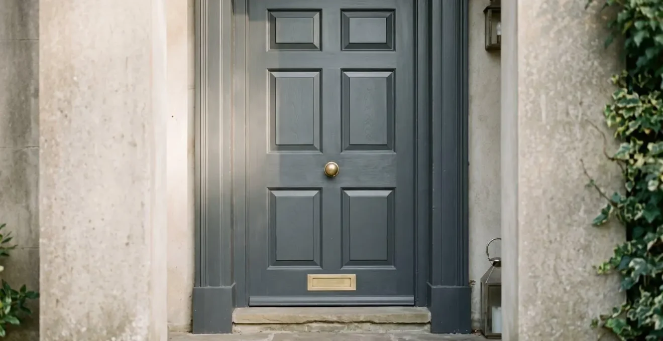 Closed front door with soft light showing security and boundary protection