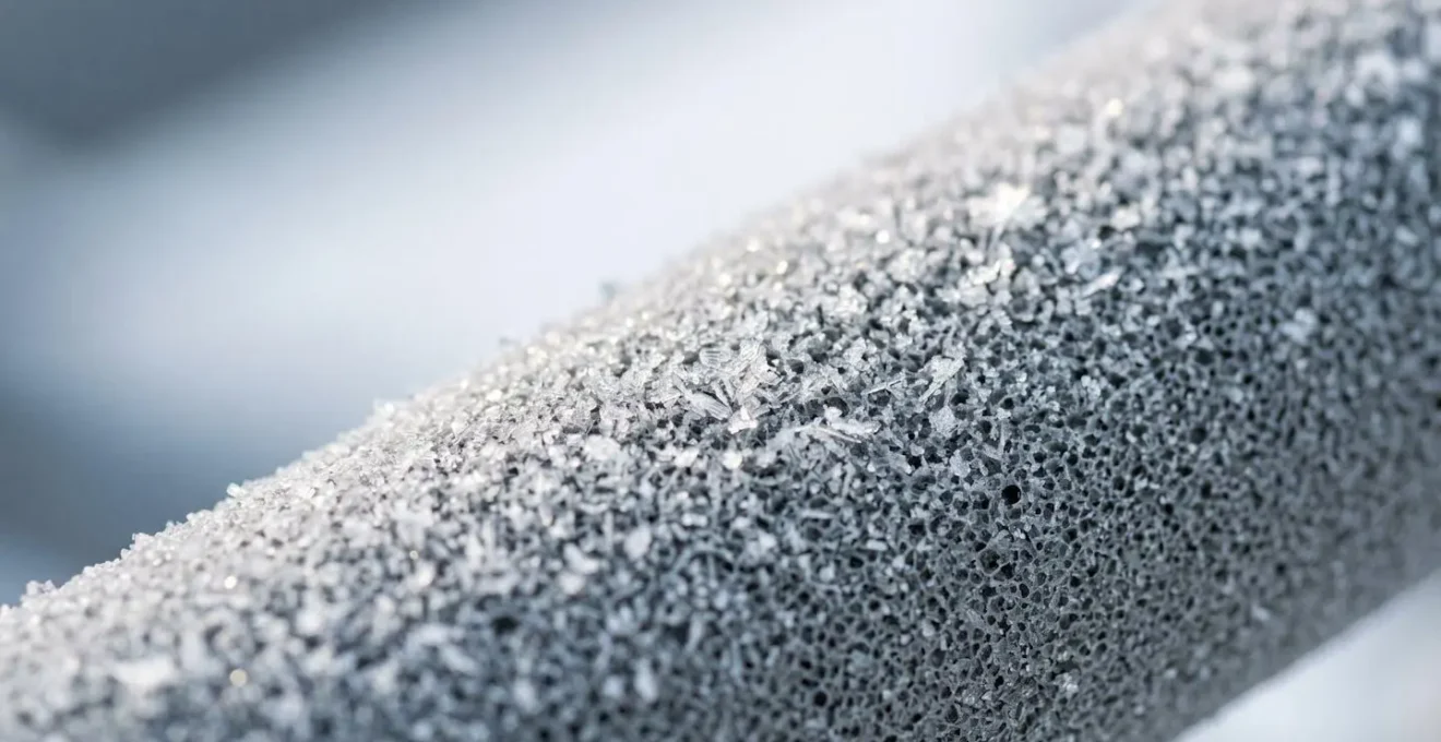 Macro detail photograph of frozen pipe insulation foam texture with frost crystals